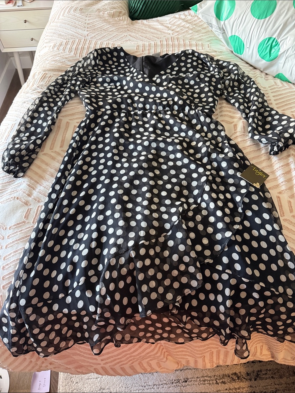 Taylor Black and White Polka Dot Long Sleeve Wrap Dress